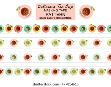 Vector collection of seamless borders. Delicious tea cup ribbon pattern on white background, masking tape, kawaii paper endless pattern, template for stationery, diary, notes. Set 2 from 2