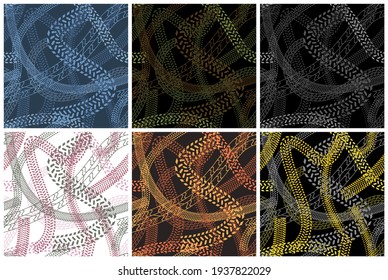 Vector collection of seamless camouflage textures with various prints of car wheels. Military backgrounds with abstract silhouettes of tire-tracks, set of six palettes.