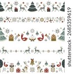 Vector collection of seamless Christmas borders in Nordic folk style. Deer, birds, rabbits, trees, gifts and ornaments in traditional festive patterns for holiday design, banner and greeting cards