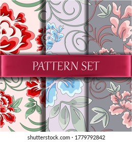 Vector collection of seamless floral flower pattern. Spring summer roses in pastel colors.