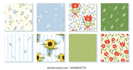 Vector collection of seamless floral patterns with wildflowers, poppies and sunflowers in rustic style for textile design, wrapping paper, spring decor, greeting cards, banners and fabric prints