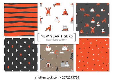 Vektorgrafik nahtloser geometrischer abstrakter und tierischer Muster mit orangefarbenen asiatischen Tigern. Design-Set für Textil- oder Verpackungspapier. Flache Zeichen - Symbol des chinesischen Neujahrs 2022. 