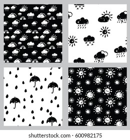 Vector collection of seamless hand drawn patterns. Rainy weather theme. Made with ink. Set of black and white patterns for fabric, polygraphy, web, game design.