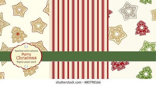 Vector collection of seamless Merry christmas patterns with ginger cookies and strips. Pack of vintage repeatable backgrounds. Xmas trees and stars Scandinavian style.