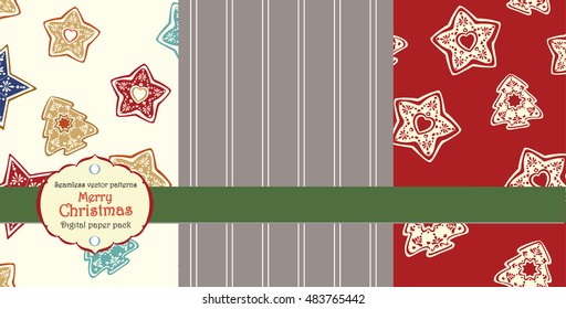 Vector collection of seamless Merry christmas patterns with ginger cookies and strips. Pack of vintage repeatable backgrounds. Xmas trees and stars Scandinavian style.