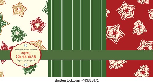 Vector collection of seamless Merry christmas patterns with ginger cookies over red background and green strips. Pack of vintage repeatable backgrounds. Xmas trees and stars Scandinavian style.

