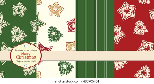 Vector collection of seamless Merry christmas patterns with ginger cookies over red and green backgrounds. Pack of vintage repeatable backgrounds. Xmas trees and stars Scandinavian style.