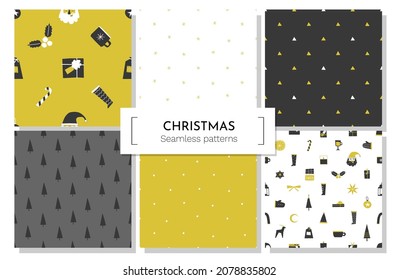 Vector collection with seamless patterns. Flat illustrations for New Year design on wrapping paper. Flat Christmas elements are include gift boxes, sweets, Santa Claus, xmas tree). Scandinavian style