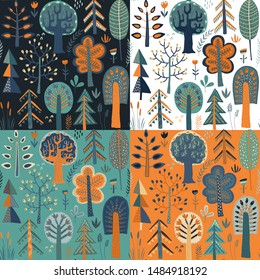Vector collection of seamless patterns with hand drawn forest trees, plants, flowers. Four color variations. Endless background for textile, print, fabric, invitations