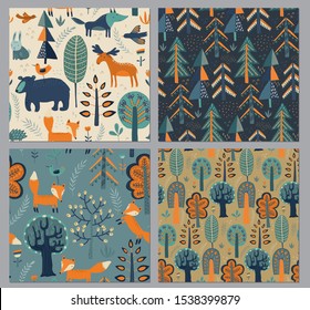 Vector collection of seamless patterns with hand drawn forest animals, trees, plants, flowers. Four different patterns. Endless background for textile, print, fabric, invitations