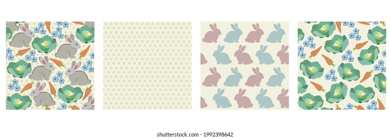 Vector collection of seamless patterns. Rabbits, carrot, cabbage, forget-me-not flowers, polka dots. Light yellow background. Rustic topic.