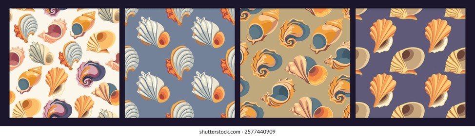 Vector collection of seamless patterns with various colorful seashells.