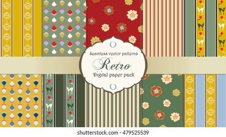 Vector collection of seamless retro patterns. Pack of ten vintage repeatable backgrounds. Cats, fish, sakura, strips and retro floral print.