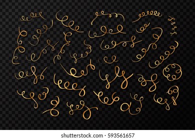 Vector collection of serpentine ribbons and golden confetti on the transparent background