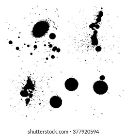 Vector collection or set of 4 artistic black paint hand made creative wet dirty ink drop spots silhouette isolated on white background, metaphor to art, grunge or grungy, education or abstract design