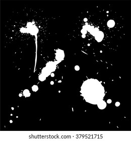 Vector collection or set of 4 artistic white paint hand made creative wet dirty ink drop spots silhouette isolated on black background, metaphor to art, grunge or grungy, education or abstract design