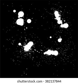 Vector collection or set of 4 artistic white paint hand made creative wet dirty ink drop spots silhouette isolated on black background, metaphor to art, grunge or grungy, education or abstract design