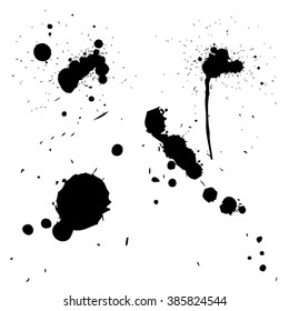 Vektorkollektion oder Satz von 4 künstlerisch schwarzen Farben handgefertigt kreative, nasse, schmutzige Tintentropfen Silhouette einzeln auf weißem Hintergrund, Metapher zu Kunst, Grunge oder Grungy, Bildung oder abstraktes Design