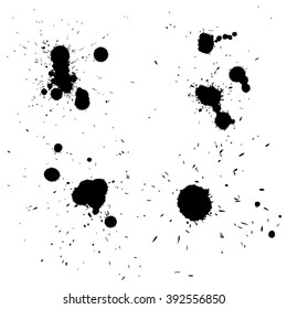 Vector collection or set of 4 artistic black paint hand made creative wet dirty ink drop spots silhouette isolated on white background