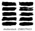 Vector collection or set of artistic black paint, ink or acrylic hand made creative brush stroke backgrounds isolated on white as grunge or grungy art, education abstract elements frame design