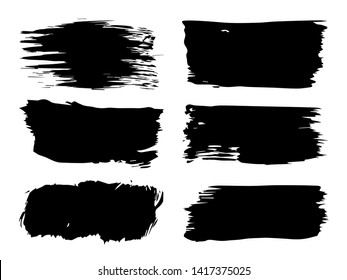Vector collection or set of artistic black paint, ink or acrylic hand made creative brush stroke backgrounds isolated on white as grunge or grungy art, education abstract elements frame design