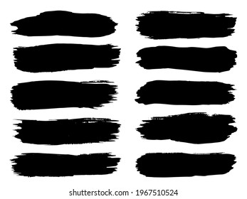 Vector collection or set of artistic black paint, ink or acrylic hand made creative brush stroke backgrounds isolated on white as grunge or grungy art, education abstract elements frame design