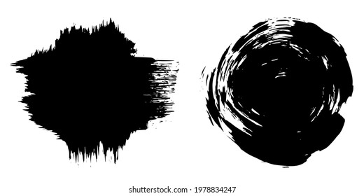 Vector collection or set of artistic black paint, ink or acrylic hand made creative brush stroke backgrounds isolated on white as grunge or grungy art, education abstract elements frame design