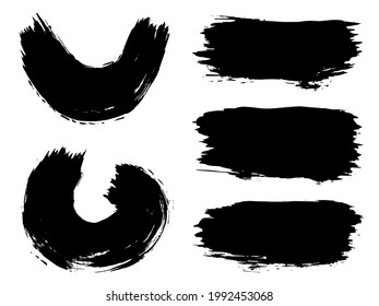 Vector collection or set of artistic black paint, ink or acrylic hand made creative brush stroke backgrounds isolated on white as grunge or grungy art, education abstract elements frame design