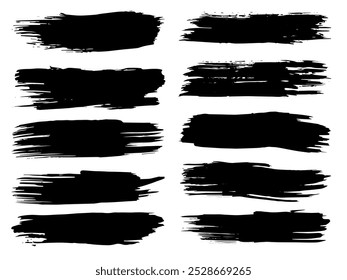 Vector collection or set of artistic black paint, ink or acrylic hand made creative brush stroke backgrounds isolated on white as grunge or grungy art, education abstract elements frame design