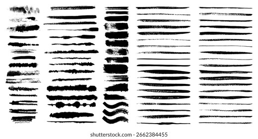 Vector collection or set of artistic black paint, ink or acrylic hand made creative brush stroke backgrounds isolated on white as grunge or grungy art