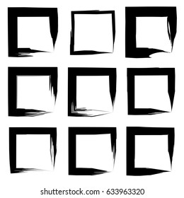 Vector collection or set of artistic black paint hand made creative grungy brush stroke square frames or borders isolated on white background. A grunge education sketch abstract creative ink design