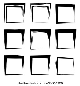 Vector collection or set of artistic black paint hand made creative grungy brush stroke square frames or borders isolated on white background. A grunge education sketch abstract creative ink design