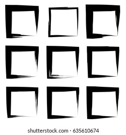 Vector collection or set of artistic black paint hand made creative grungy brush stroke square frames or borders isolated on white background. A grunge education sketch abstract creative ink design