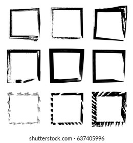 Colección vectorial o conjunto de pintura negra artística mano hizo broche creativo de pincel grueso pincel cuadrado o bordes aislados en el fondo blanco. Un boceto de la educación en grunge diseño de tinta creativa abstracta