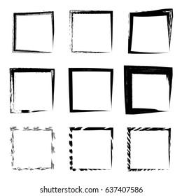 Colección vectorial o conjunto de pintura negra artística mano hizo broche creativo de pincel grueso pincel cuadrado o bordes aislados en el fondo blanco. Un boceto de la educación en grunge diseño de tinta creativa abstracta