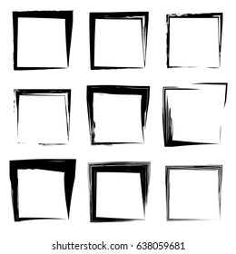 Vector collection or set of artistic black paint hand made creative grungy brush stroke square frames or borders isolated on white background. A grunge education sketch abstract creative ink design
