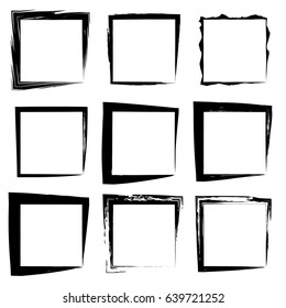 Vector collection or set of artistic black paint hand made creative grungy brush stroke square frames or borders isolated on white background. A grunge education sketch abstract creative ink design