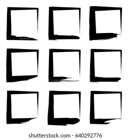 Colección vectorial o conjunto de pintura negra artística mano hizo broche creativo de pincel grueso pincel cuadrado o bordes aislados en el fondo blanco. Un boceto de la educación en grunge diseño de tinta creativa abstracta