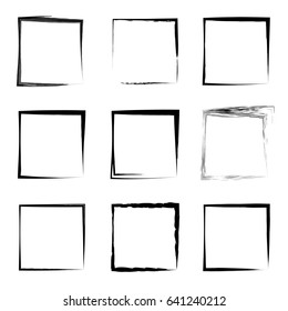 Vector collection or set of artistic black paint hand made creative grungy brush stroke square frames or borders isolated on white background. A grunge education sketch abstract creative ink design