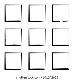 Vector collection or set of artistic black paint hand made creative grungy brush stroke square frames or borders isolated on white background. A grunge education sketch abstract creative ink design