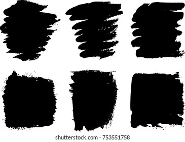 Colección de vectores o conjunto artístico de pintura negra, tinta o acrílico de mano creativa de pincel de fondo aislado en blanco como arte grueso o grungo, educación elementos abstractos diseño de marco