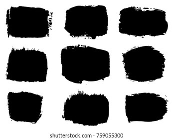 Vector collection or set of artistic black paint, ink or acrylic hand made creative brush stroke backgrounds isolated on white as grunge or grungy art, education abstract elements frame design