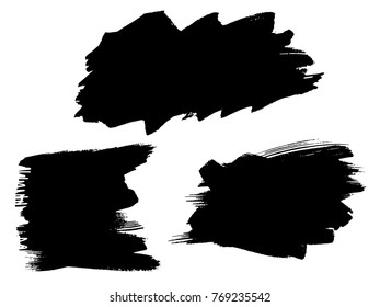 Vector collection or set of artistic black paint, ink or acrylic hand made creative brush stroke backgrounds isolated on white as grunge or grungy art, education abstract elements frame design
