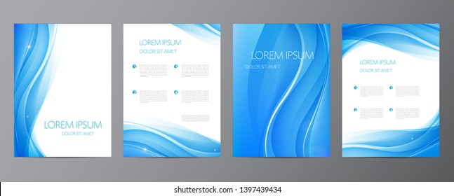 Vector collection, set of blue abstract covers, banners, brochures, flyers. Wavy shapes with gradient. Modern design.