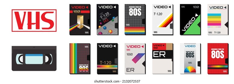 Vector collection set of vector cassette tapes old 80's style graphics. Blockbuster videos. VHS effect. 80's and 90's style. Retro vintage covers. Easy to edit design templates