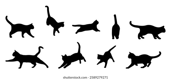 Vector collection set of cat silhouettes in different poses isolated on a white background. Cat silhouette designed with doodle drawing.