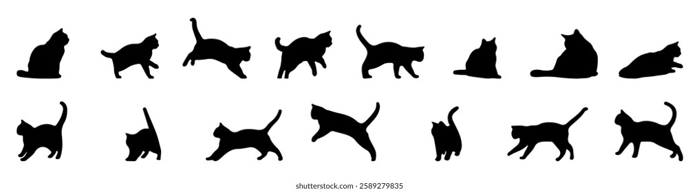 Vector collection set of cat silhouettes in different poses on a white background. Wild animal or cat silhouette designed with doodle drawing.