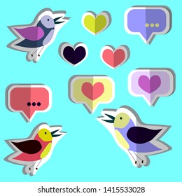 Vector collection, set of cute birds, hearts, stickers,icons. Paper flat design