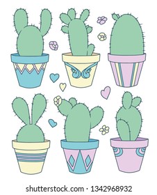 Vector collection set with cute cartoon bunny ear cactus plants in flower pots, flowers and hearts