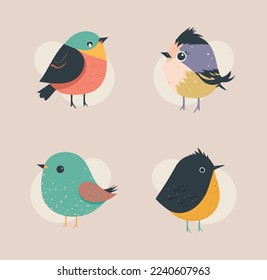 Vector collection set of cute chubby little fat colorful birds, funny wildlife characters, perfect for kids print design, textile decoration, greeting cards, print, stickers, logo,